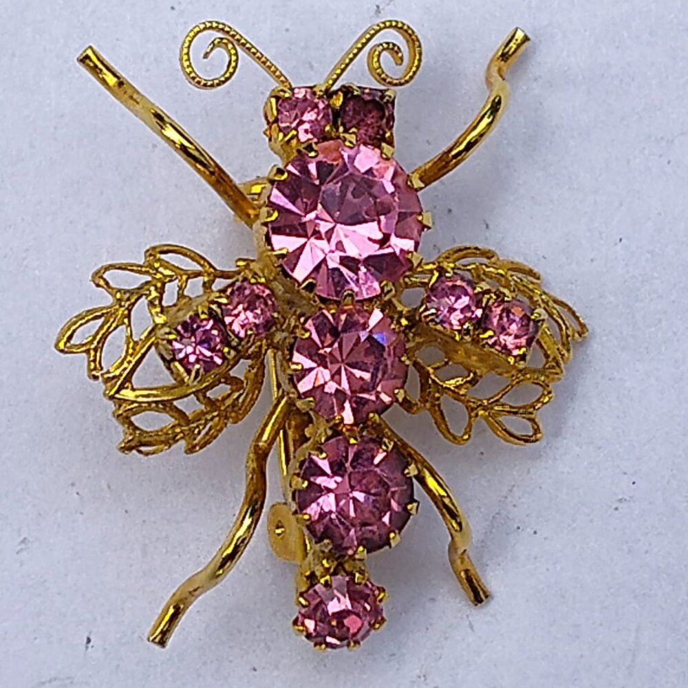 Vintage filigree BEE Brooch Gold tore – Pink Prong set Rhinestone